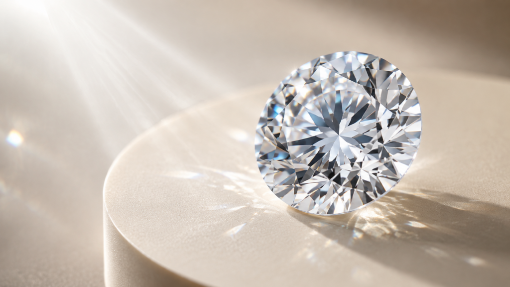 Cut: Well-cut round diamond reflecting light across precisely angled facets.