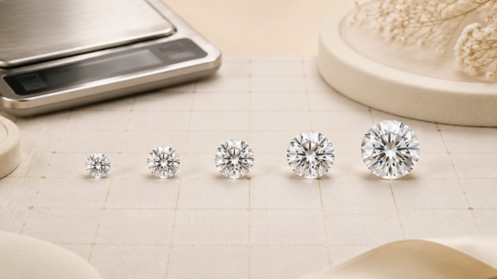 Five round diamonds arranged from smallest to largest beside a jewelry scale.