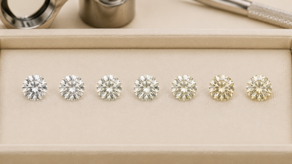 Seven diamonds showing a gradual change from colorless to faint yellow.
