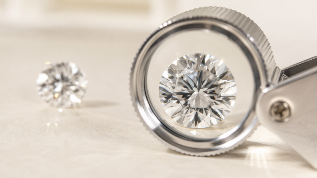 Round diamond examined through a jeweler’s loupe for small internal inclusions.